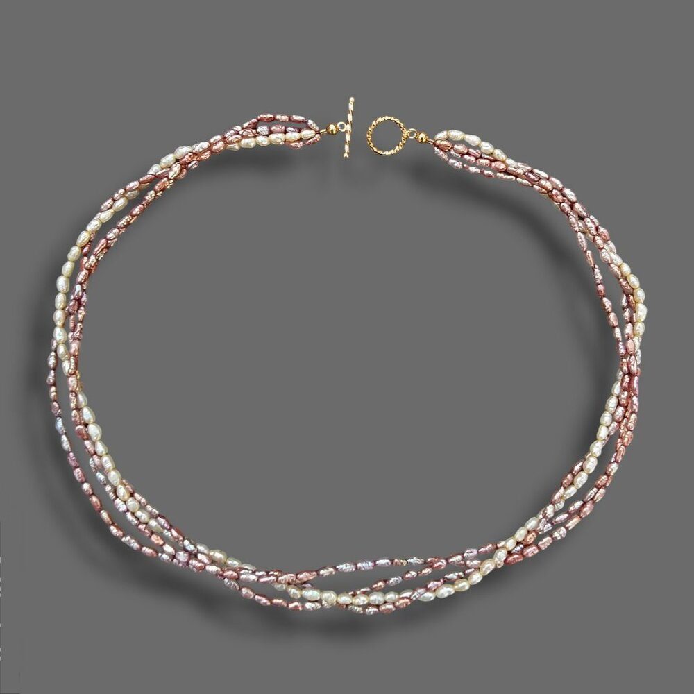 Freshwater Baroque Rice Pearls Multi Strand Necklace Pink 18in Beach Boho OOAK
